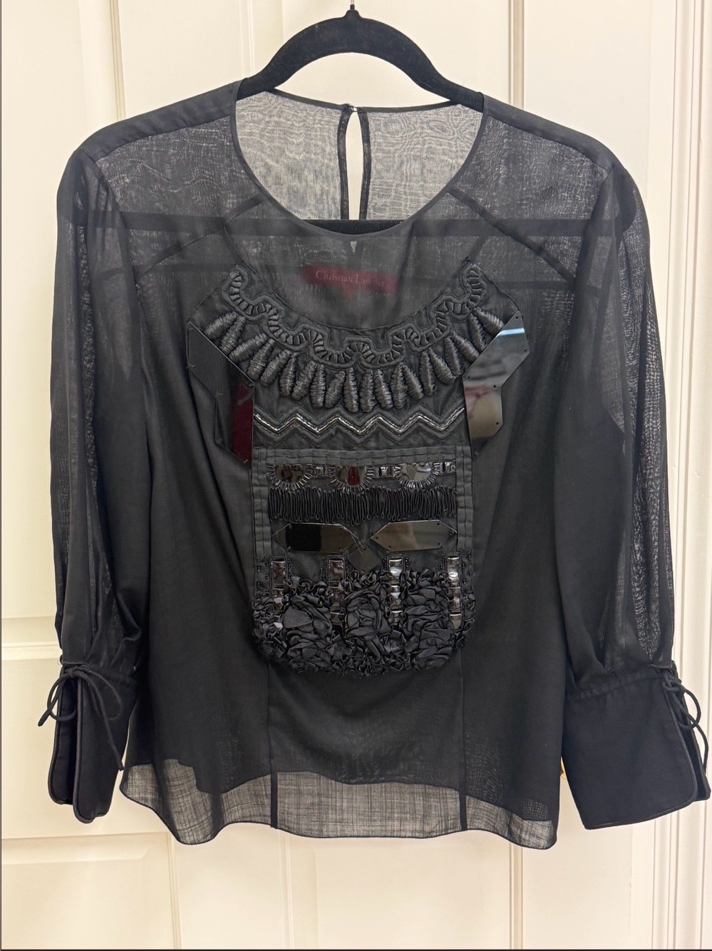 CHRISTIAN LACROIX Vintage Rare Sheer Wool-Silk Embellished Bib Blouse - 44/L